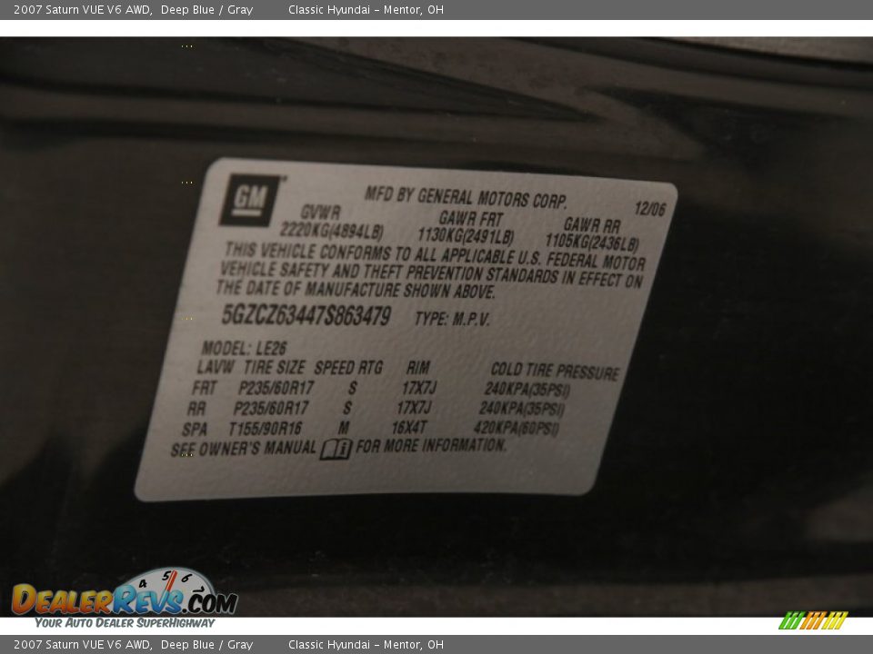 2007 Saturn VUE V6 AWD Deep Blue / Gray Photo #18