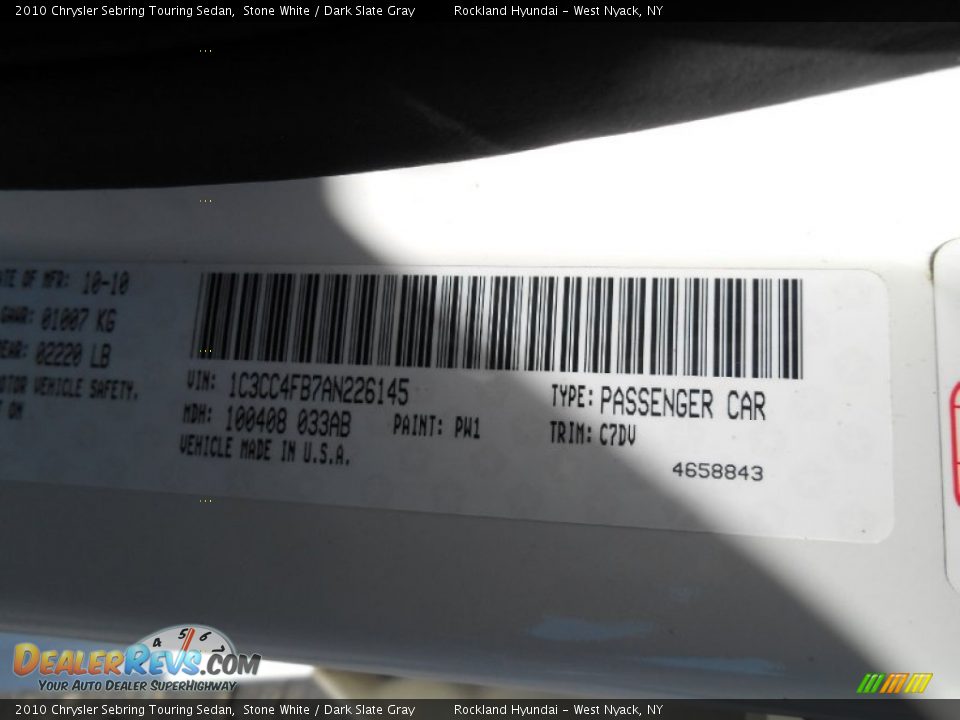 2010 Chrysler Sebring Touring Sedan Stone White / Dark Slate Gray Photo #27