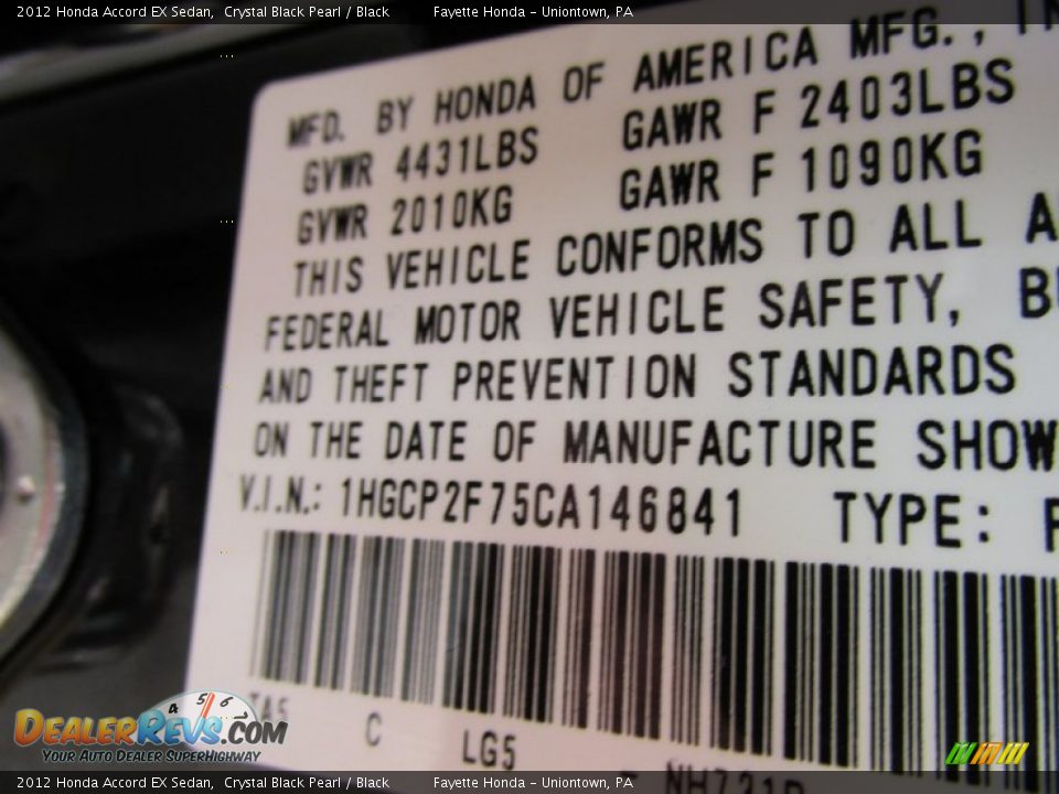2012 Honda Accord EX Sedan Crystal Black Pearl / Black Photo #9