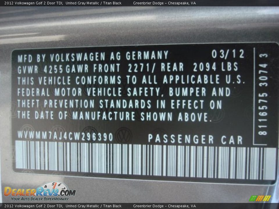 2012 Volkswagen Golf 2 Door TDI United Gray Metallic / Titan Black Photo #28