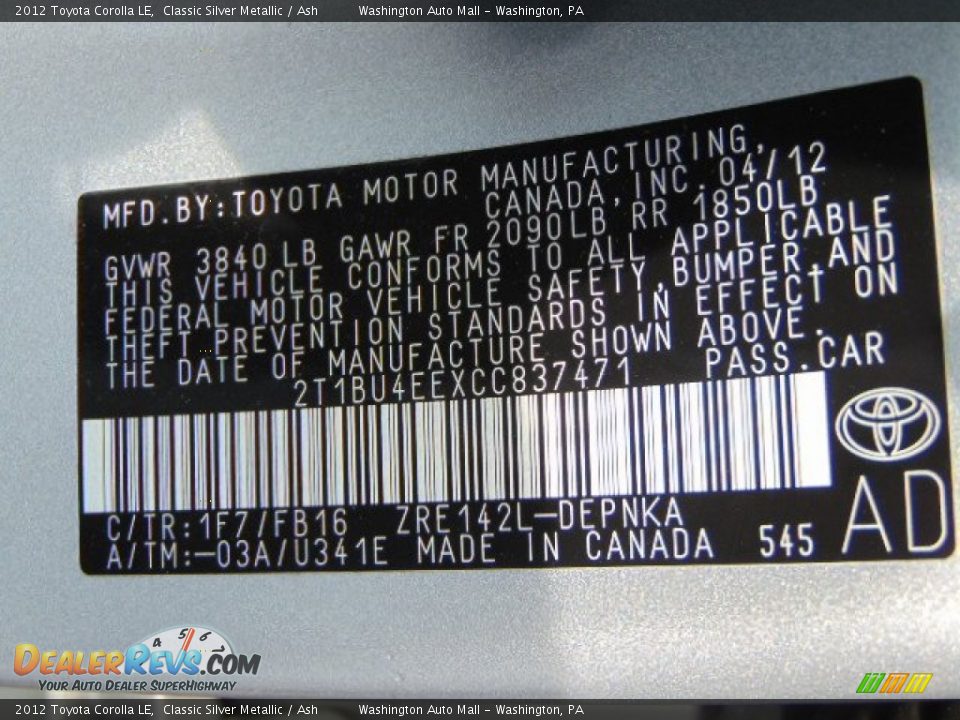 2012 Toyota Corolla LE Classic Silver Metallic / Ash Photo #19