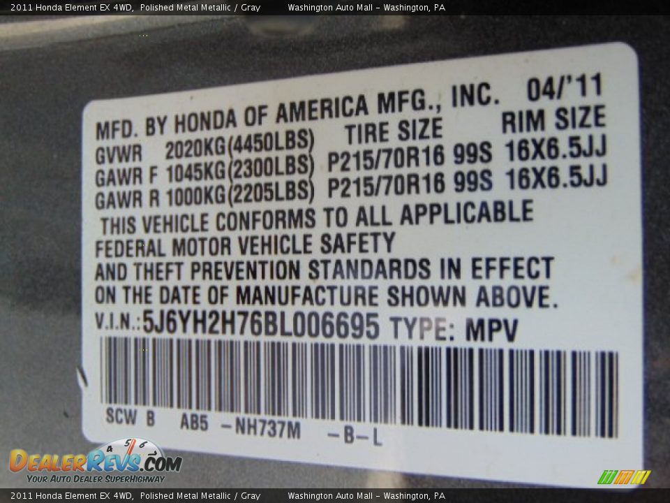 2011 Honda Element EX 4WD Polished Metal Metallic / Gray Photo #19
