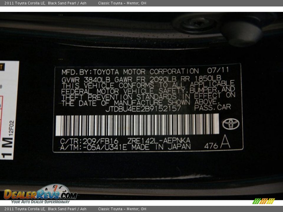 2011 Toyota Corolla LE Black Sand Pearl / Ash Photo #17
