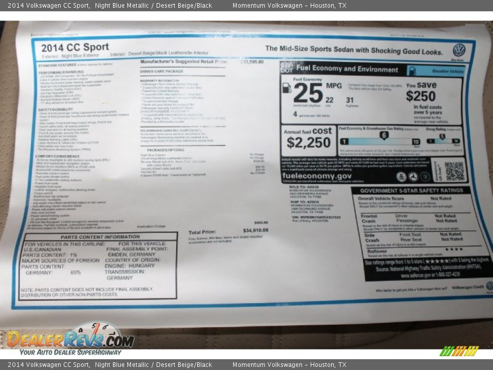 2014 Volkswagen CC Sport Night Blue Metallic / Desert Beige/Black Photo #8