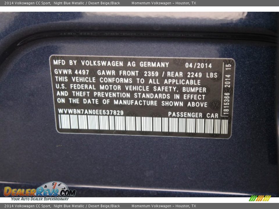 2014 Volkswagen CC Sport Night Blue Metallic / Desert Beige/Black Photo #30