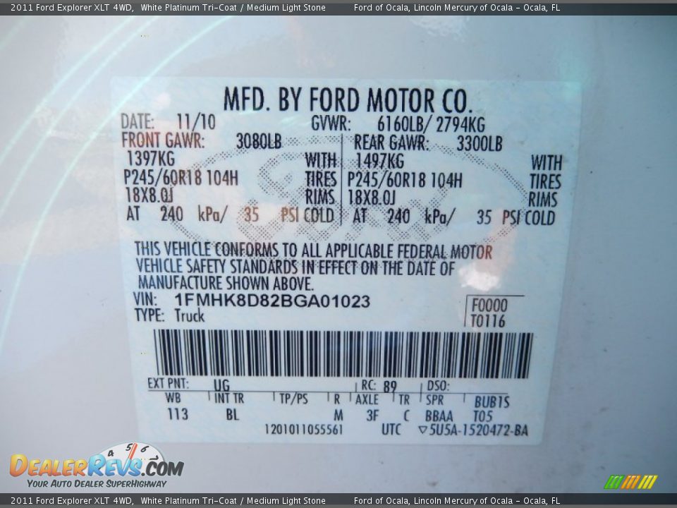 2011 Ford Explorer XLT 4WD White Platinum Tri-Coat / Medium Light Stone Photo #31