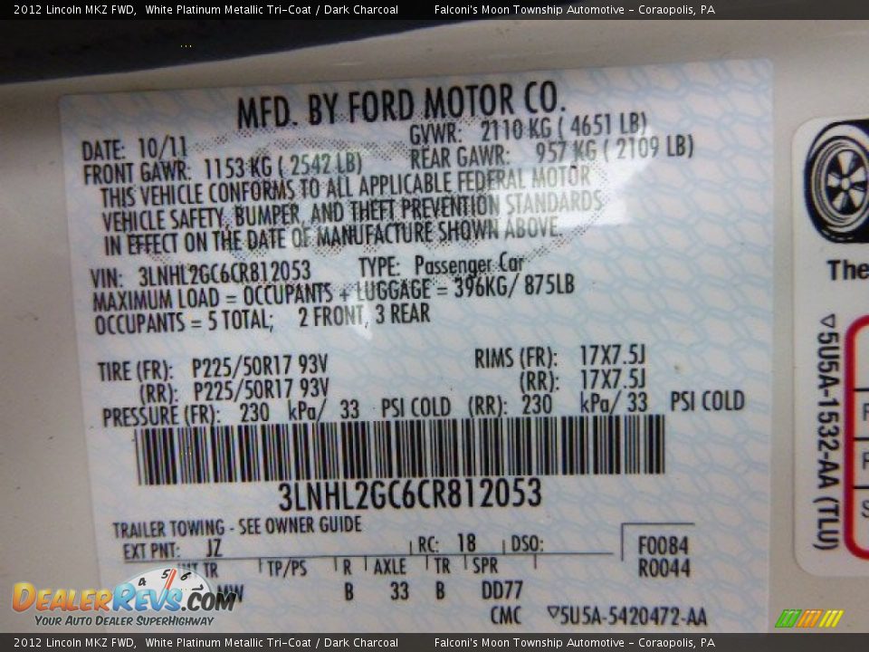 2012 Lincoln MKZ FWD White Platinum Metallic Tri-Coat / Dark Charcoal Photo #24