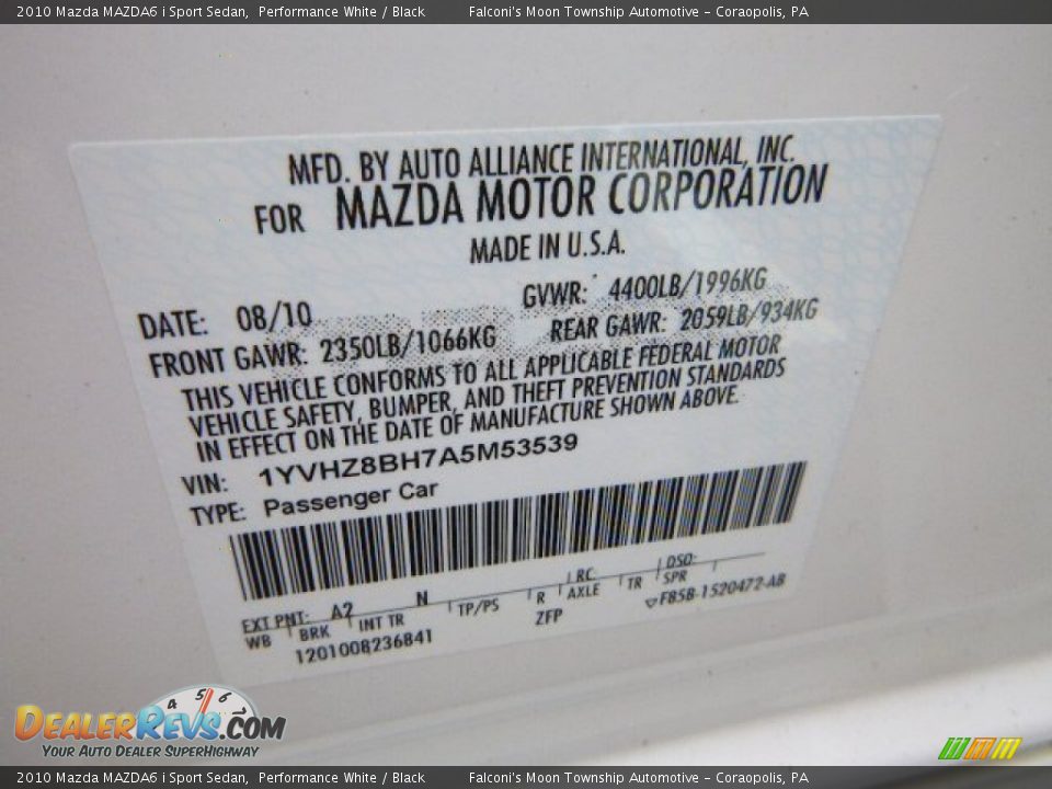 2010 Mazda MAZDA6 i Sport Sedan Performance White / Black Photo #24