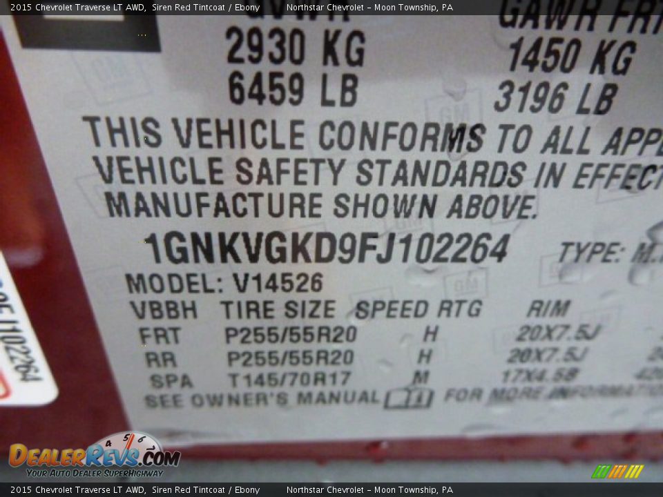 Info Tag of 2015 Chevrolet Traverse LT AWD Photo #15
