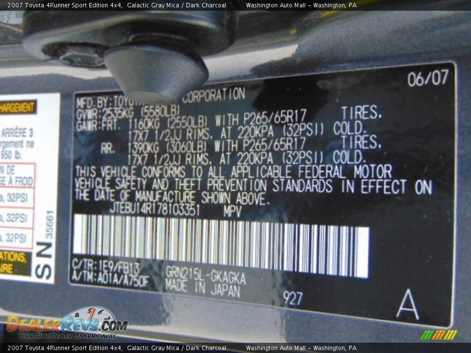 2007 Toyota 4Runner Sport Edition 4x4 Galactic Gray Mica / Dark Charcoal Photo #19