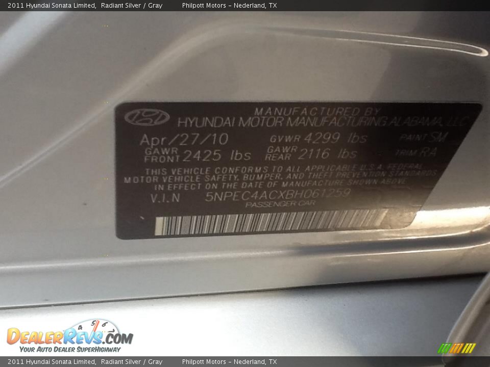 2011 Hyundai Sonata Limited Radiant Silver / Gray Photo #6