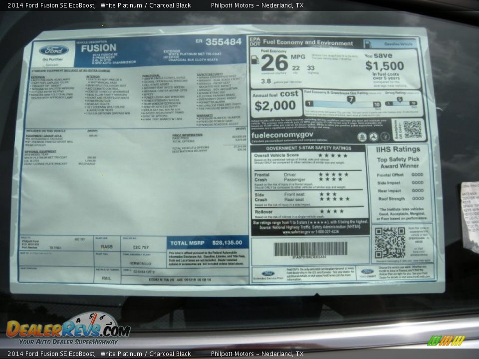 2014 Ford Fusion SE EcoBoost White Platinum / Charcoal Black Photo #33