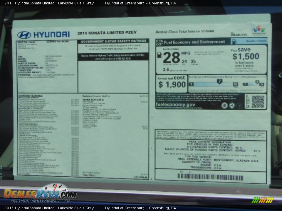 2015 Hyundai Sonata Limited Lakeside Blue / Gray Photo #8