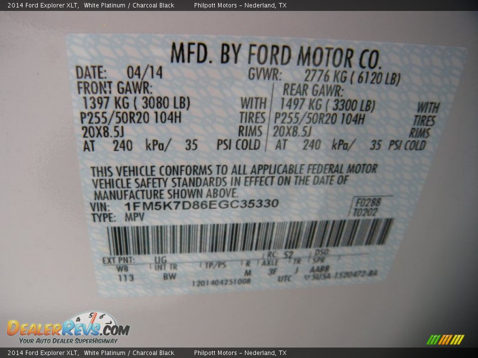 2014 Ford Explorer XLT White Platinum / Charcoal Black Photo #36