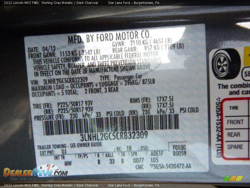 2012 Lincoln MKZ FWD Sterling Gray Metallic / Dark Charcoal Photo #20