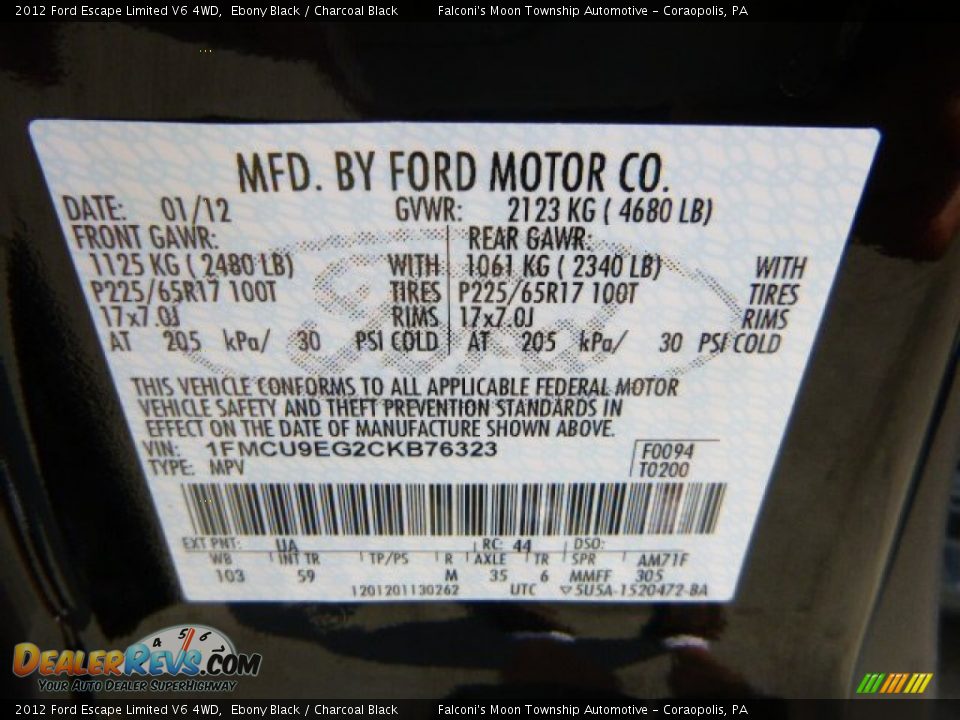 2012 Ford Escape Limited V6 4WD Ebony Black / Charcoal Black Photo #23