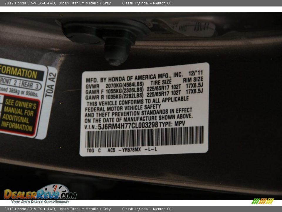 2012 Honda CR-V EX-L 4WD Urban Titanium Metallic / Gray Photo #15