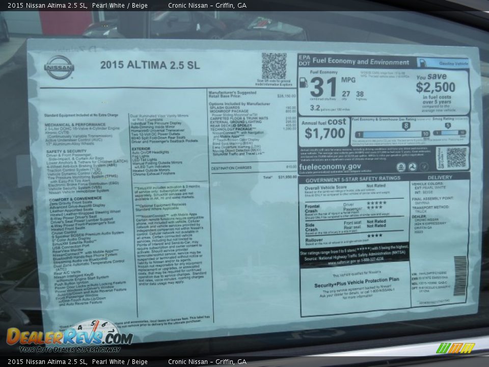 2015 Nissan Altima 2.5 SL Pearl White / Beige Photo #13