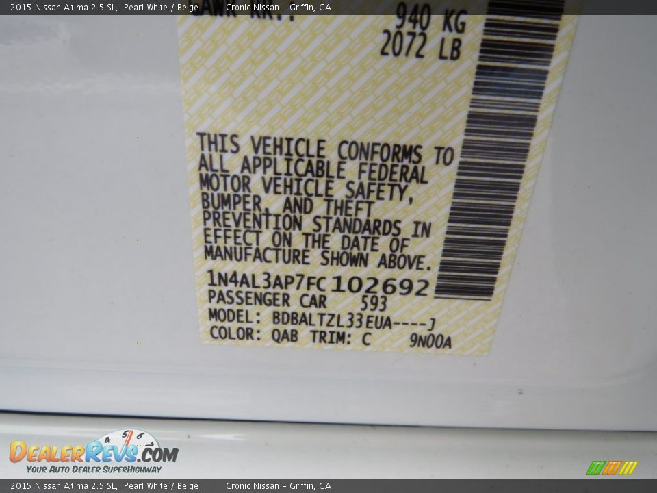 2015 Nissan Altima 2.5 SL Pearl White / Beige Photo #18
