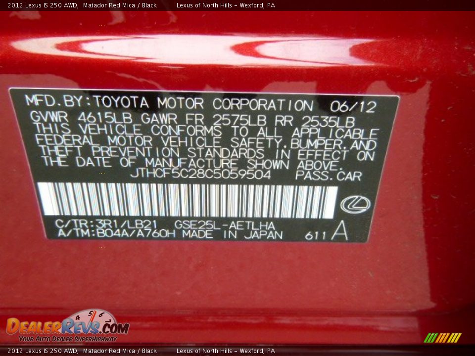 2012 Lexus IS 250 AWD Matador Red Mica / Black Photo #20