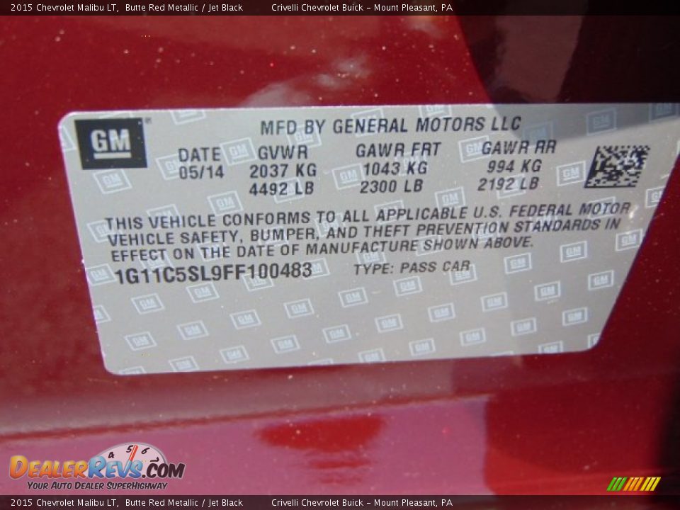 2015 Chevrolet Malibu LT Butte Red Metallic / Jet Black Photo #20