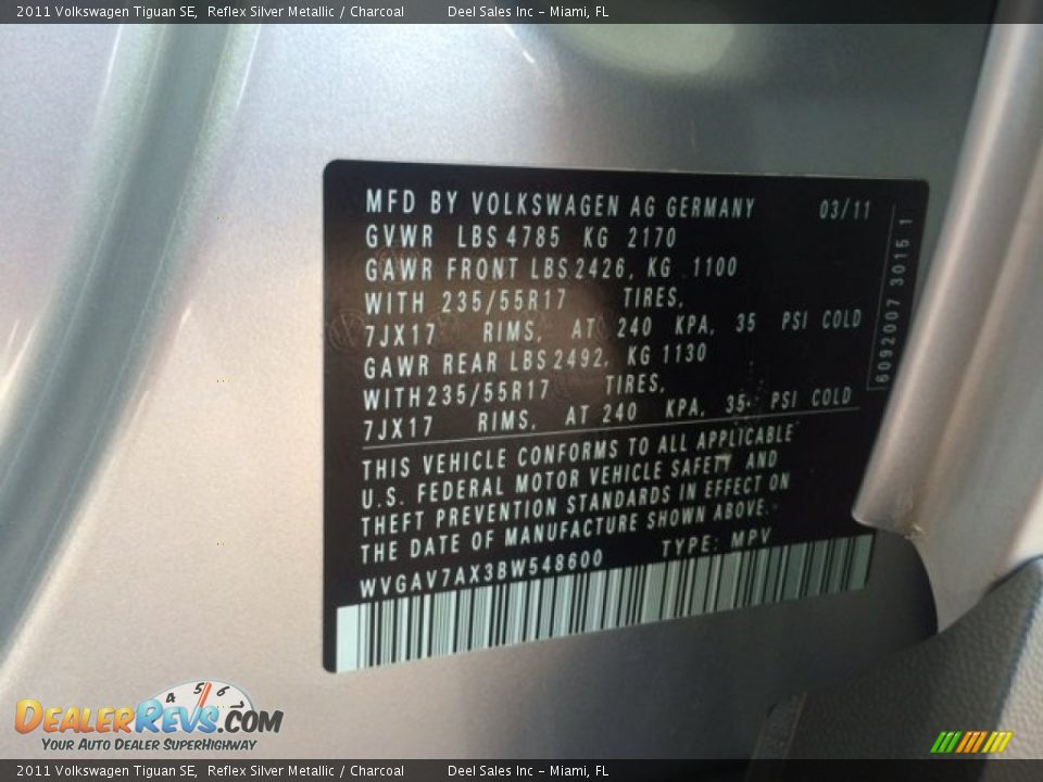 2011 Volkswagen Tiguan SE Reflex Silver Metallic / Charcoal Photo #14