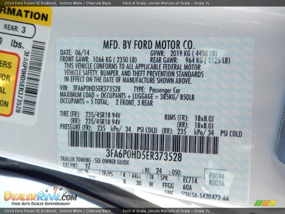 2014 Ford Fusion SE EcoBoost Oxford White / Charcoal Black Photo #12
