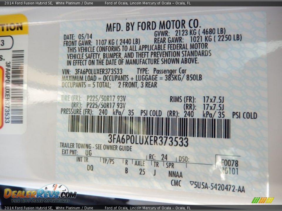 2014 Ford Fusion Hybrid SE White Platinum / Dune Photo #13
