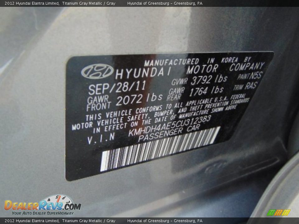 2012 Hyundai Elantra Limited Titanium Gray Metallic / Gray Photo #24
