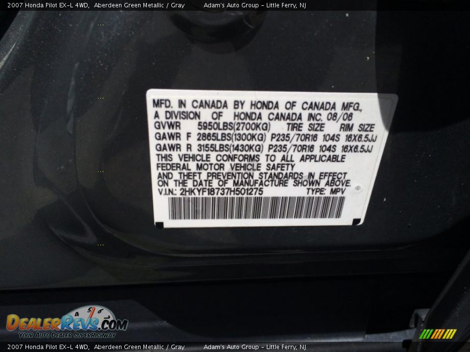 2007 Honda Pilot EX-L 4WD Aberdeen Green Metallic / Gray Photo #30
