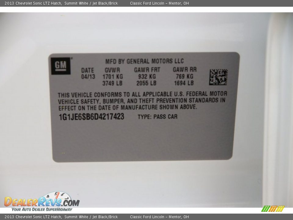 2013 Chevrolet Sonic LTZ Hatch Summit White / Jet Black/Brick Photo #25
