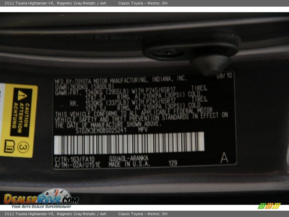 2011 Toyota Highlander V6 Magnetic Gray Metallic / Ash Photo #22