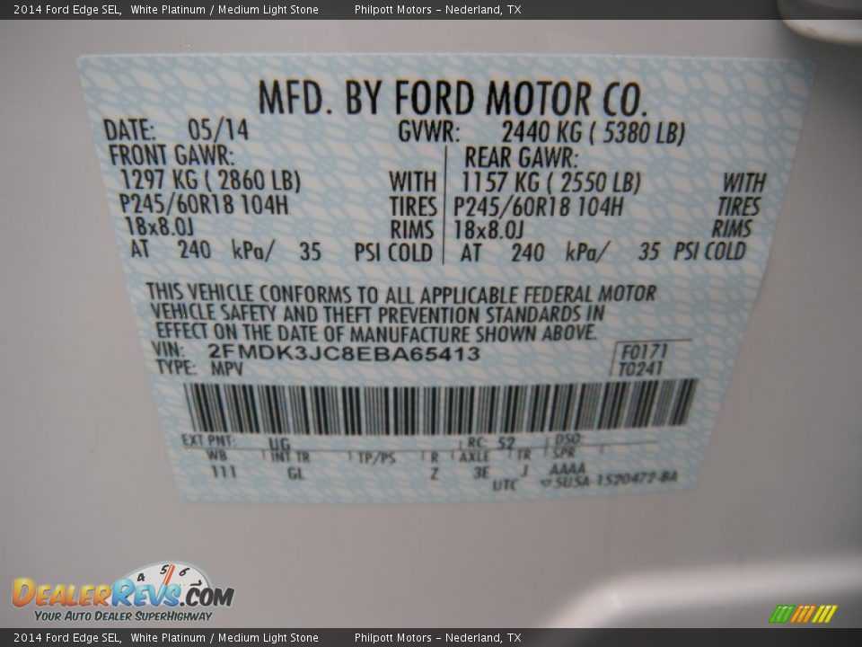 2014 Ford Edge SEL White Platinum / Medium Light Stone Photo #36