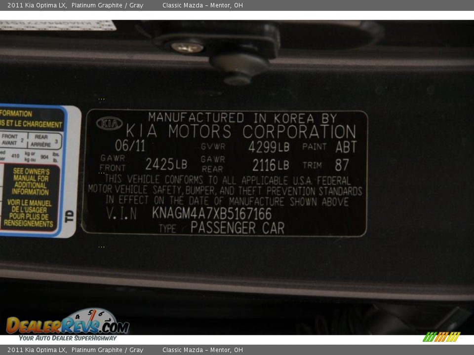 2011 Kia Optima LX Platinum Graphite / Gray Photo #17