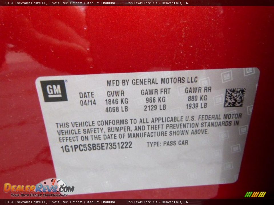 2014 Chevrolet Cruze LT Crystal Red Tintcoat / Medium Titanium Photo #20