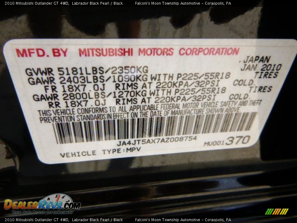 2010 Mitsubishi Outlander GT 4WD Labrador Black Pearl / Black Photo #24