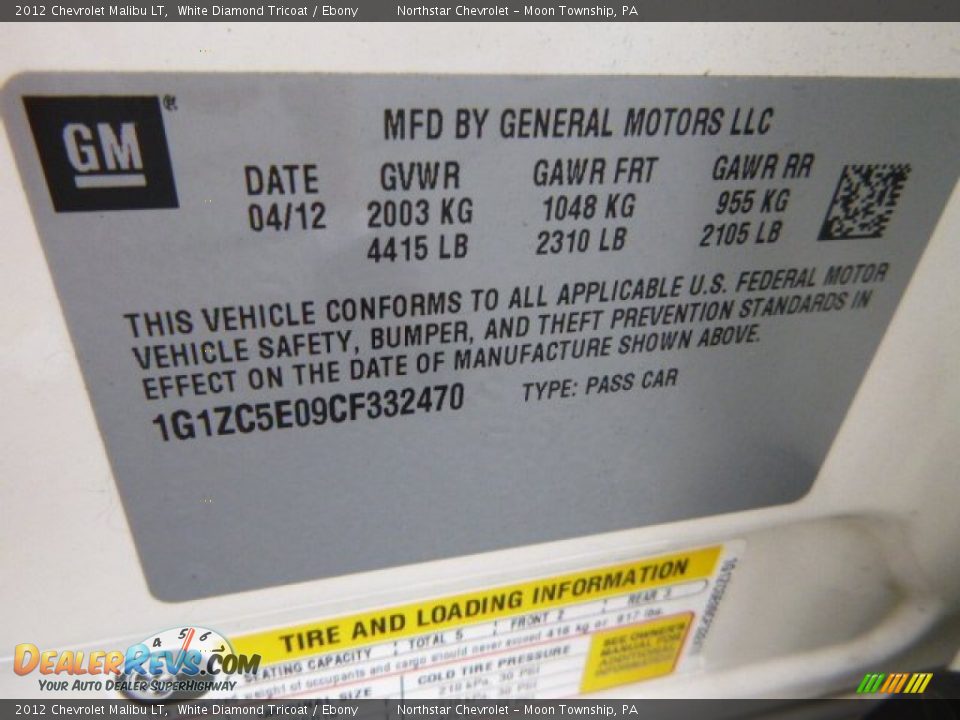 2012 Chevrolet Malibu LT White Diamond Tricoat / Ebony Photo #19