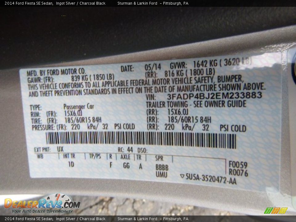 2014 Ford Fiesta SE Sedan Ingot Silver / Charcoal Black Photo #14