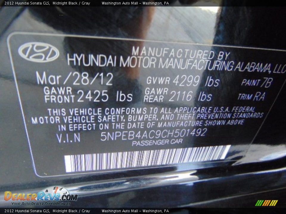 2012 Hyundai Sonata GLS Midnight Black / Gray Photo #19