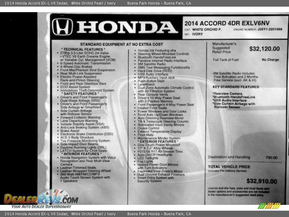 2014 Honda Accord EX-L V6 Sedan White Orchid Pearl / Ivory Photo #20