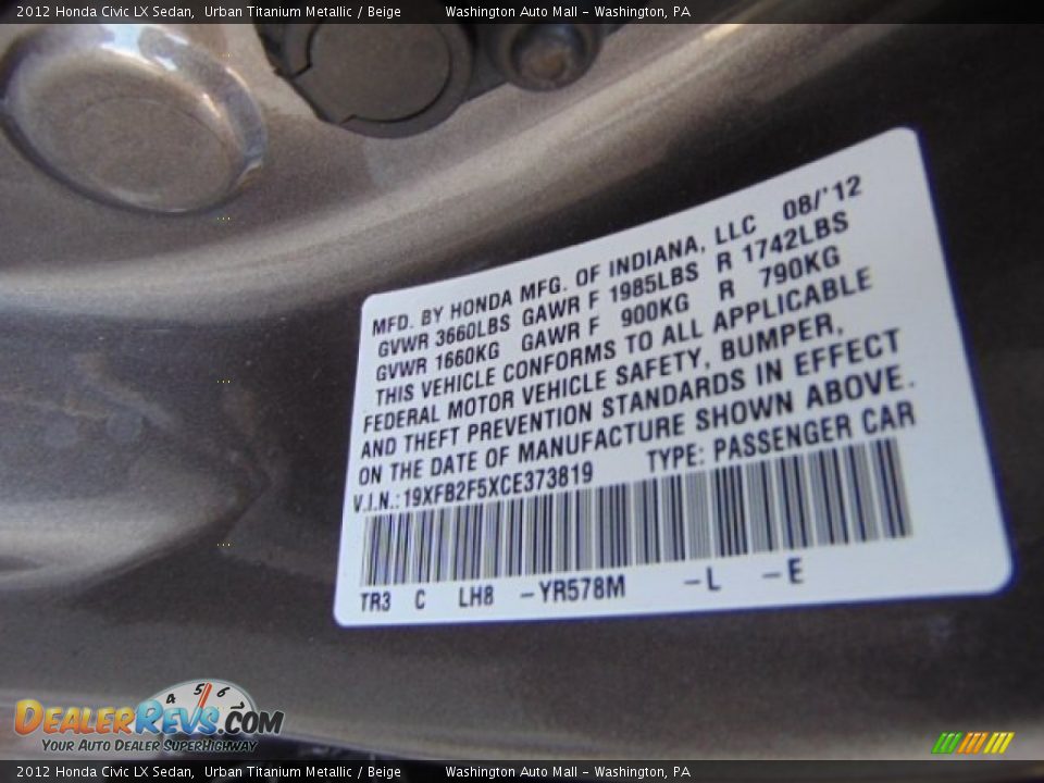 2012 Honda Civic LX Sedan Urban Titanium Metallic / Beige Photo #19
