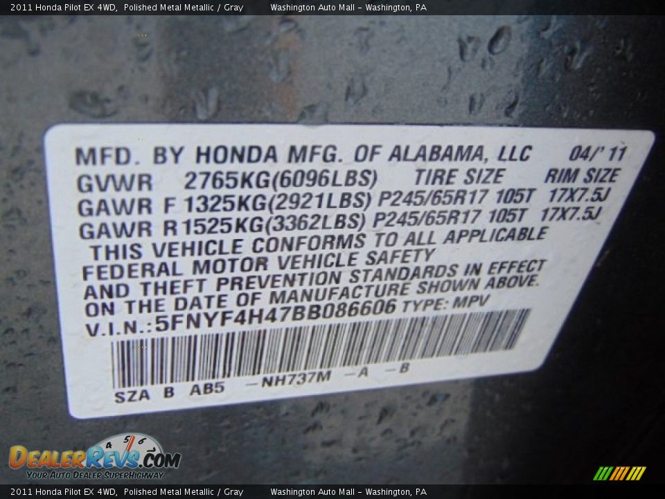 2011 Honda Pilot EX 4WD Polished Metal Metallic / Gray Photo #19