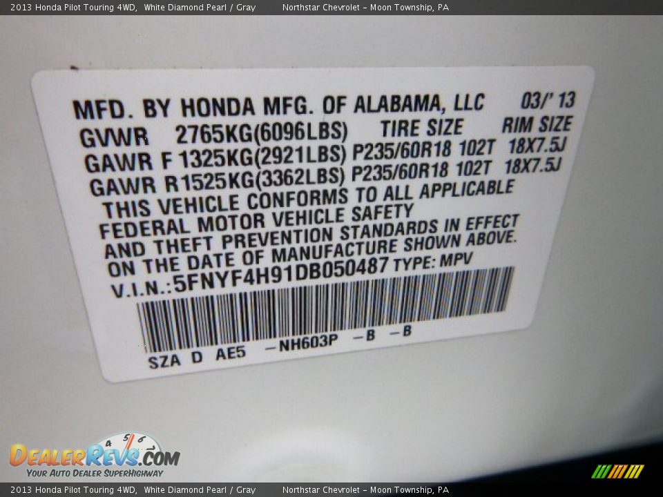 2013 Honda Pilot Touring 4WD White Diamond Pearl / Gray Photo #18