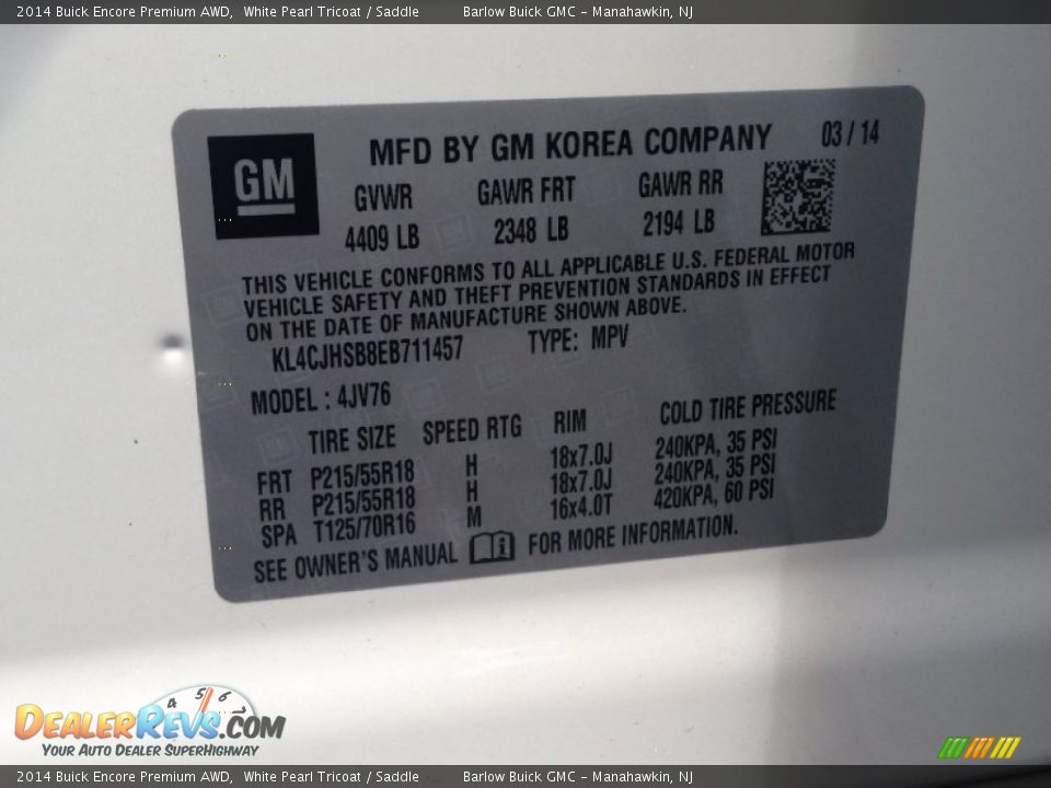 2014 Buick Encore Premium AWD White Pearl Tricoat / Saddle Photo #8