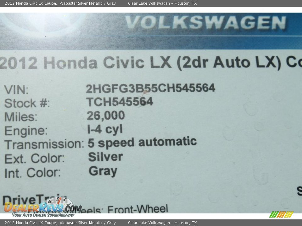 2012 Honda Civic LX Coupe Alabaster Silver Metallic / Gray Photo #30