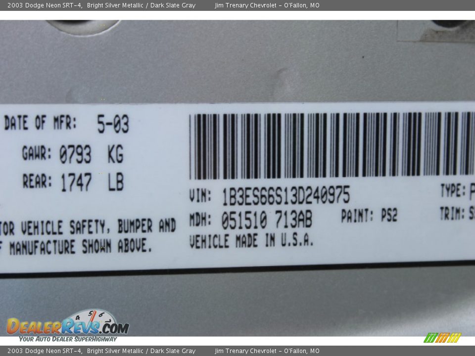 2003 Dodge Neon SRT-4 Bright Silver Metallic / Dark Slate Gray Photo #16