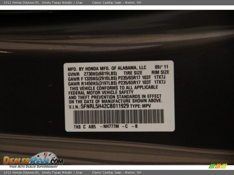 2012 Honda Odyssey EX Smoky Topaz Metallic / Gray Photo #18