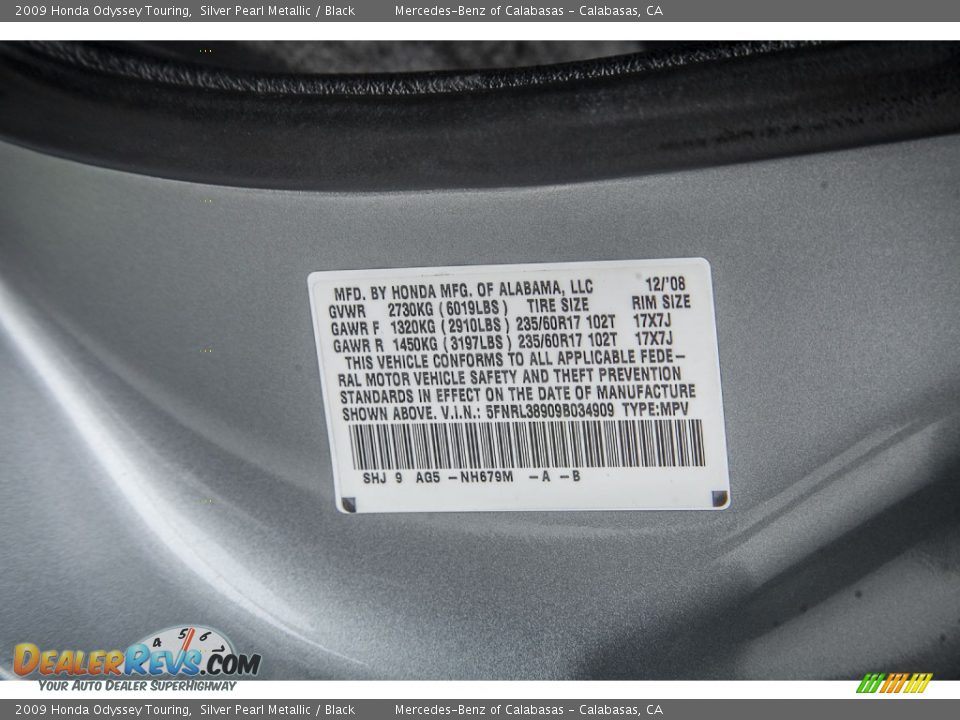 2009 Honda Odyssey Touring Silver Pearl Metallic / Black Photo #20