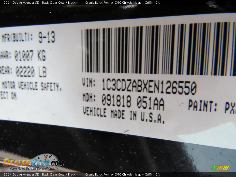 2014 Dodge Avenger SE Black Clear Coat / Black Photo #24
