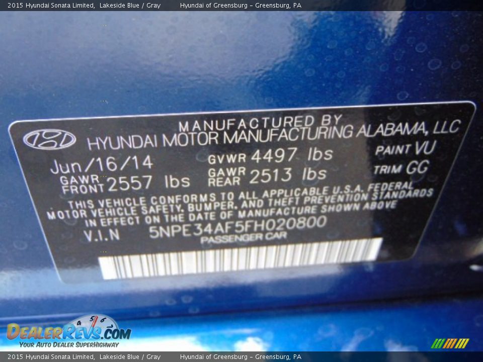 2015 Hyundai Sonata Limited Lakeside Blue / Gray Photo #20